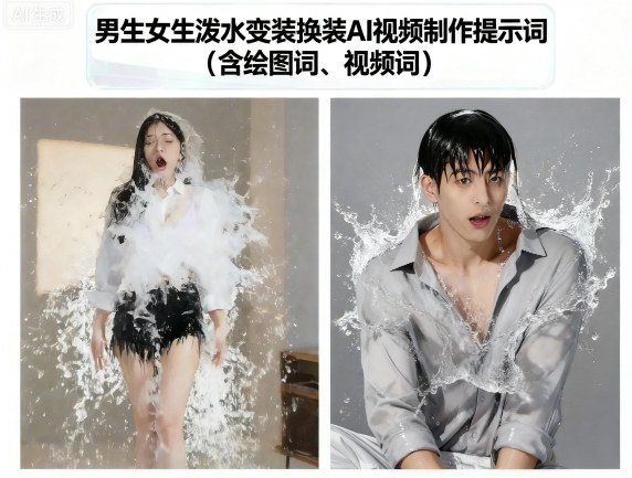 男生女生泼水变装换装AI视频制作提示词(含绘图词、视频词)插图 男生女生泼水变装换装AI视频制作提示词(含绘图词、视频词)