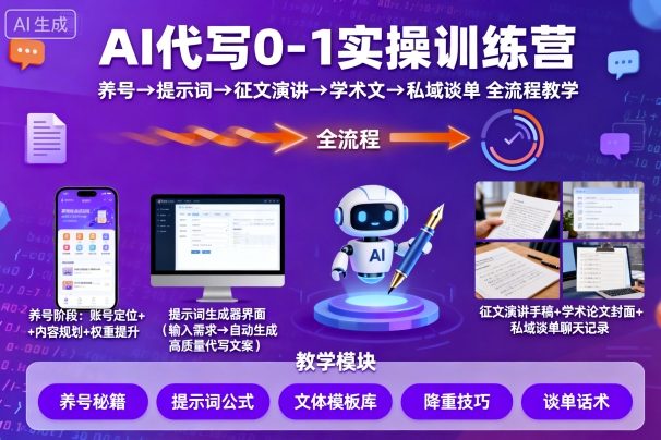 AI代写0-1实操训练营,从养号、提示词、征文演讲、学术文,到私域谈单的全流程教学插图 AI代写0-1实操训练营,从养号、提示词、征文演讲、学术文,到私域谈单的全流程教学