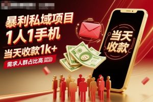 暴利私域项目1人1手机，当天收款1k+，需求人群占比高，当天就能见到钱