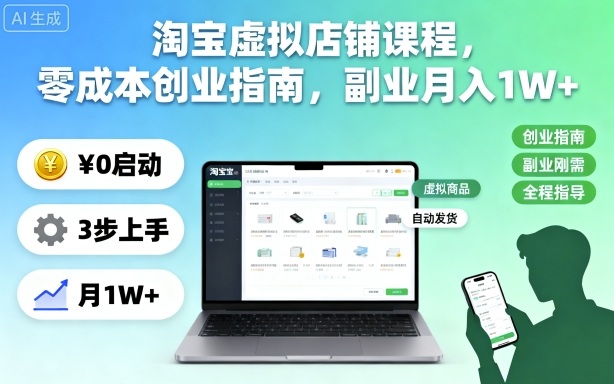 淘宝虚拟店铺课程,零成本创业指南,副业月入1W+插图 淘宝虚拟店铺课程,零成本创业指南,副业月入1W+